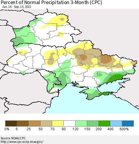 Ukraine, Moldova and Belarus Percent of Normal Precipitation 3-Month (CPC) Thematic Map For 6/16/2021 - 9/15/2021