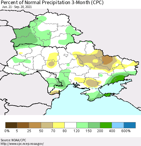 Ukraine, Moldova and Belarus Percent of Normal Precipitation 3-Month (CPC) Thematic Map For 6/21/2021 - 9/20/2021