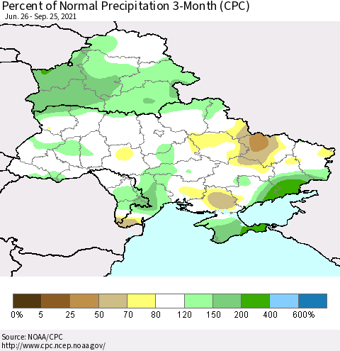 Ukraine, Moldova and Belarus Percent of Normal Precipitation 3-Month (CPC) Thematic Map For 6/26/2021 - 9/25/2021