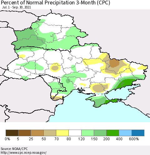 Ukraine, Moldova and Belarus Percent of Normal Precipitation 3-Month (CPC) Thematic Map For 7/1/2021 - 9/30/2021