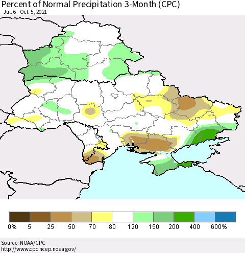 Ukraine, Moldova and Belarus Percent of Normal Precipitation 3-Month (CPC) Thematic Map For 7/6/2021 - 10/5/2021