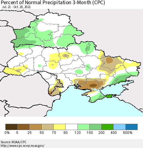Ukraine, Moldova and Belarus Percent of Normal Precipitation 3-Month (CPC) Thematic Map For 7/21/2021 - 10/20/2021