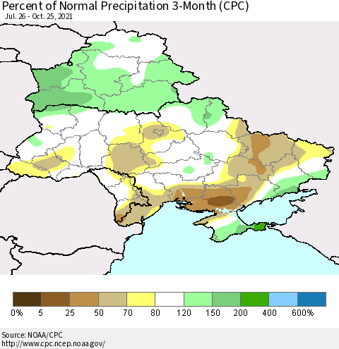 Ukraine, Moldova and Belarus Percent of Normal Precipitation 3-Month (CPC) Thematic Map For 7/26/2021 - 10/25/2021