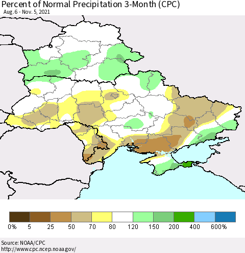 Ukraine, Moldova and Belarus Percent of Normal Precipitation 3-Month (CPC) Thematic Map For 8/6/2021 - 11/5/2021