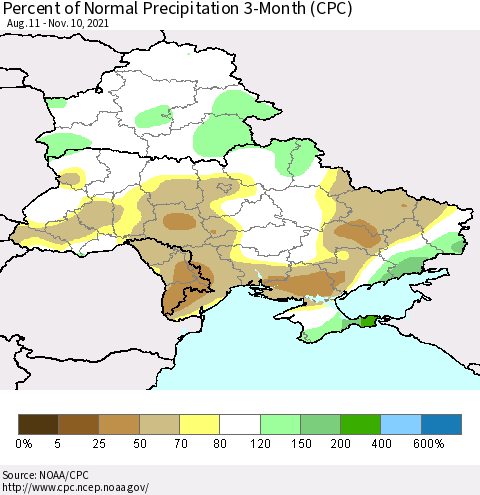 Ukraine, Moldova and Belarus Percent of Normal Precipitation 3-Month (CPC) Thematic Map For 8/11/2021 - 11/10/2021
