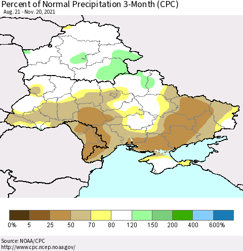 Ukraine, Moldova and Belarus Percent of Normal Precipitation 3-Month (CPC) Thematic Map For 8/21/2021 - 11/20/2021