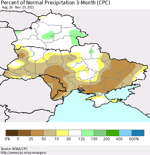 Ukraine, Moldova and Belarus Percent of Normal Precipitation 3-Month (CPC) Thematic Map For 8/26/2021 - 11/25/2021