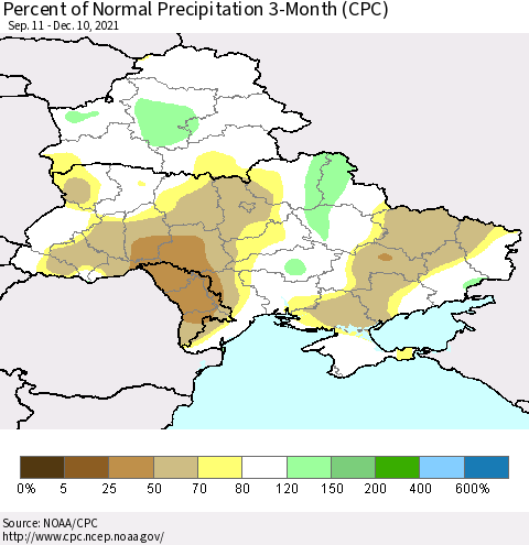 Ukraine, Moldova and Belarus Percent of Normal Precipitation 3-Month (CPC) Thematic Map For 9/11/2021 - 12/10/2021