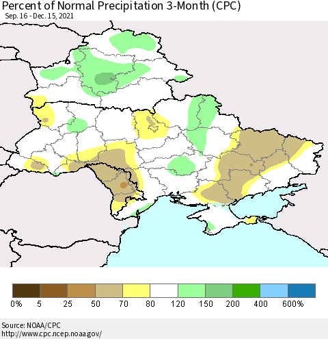 Ukraine, Moldova and Belarus Percent of Normal Precipitation 3-Month (CPC) Thematic Map For 9/16/2021 - 12/15/2021