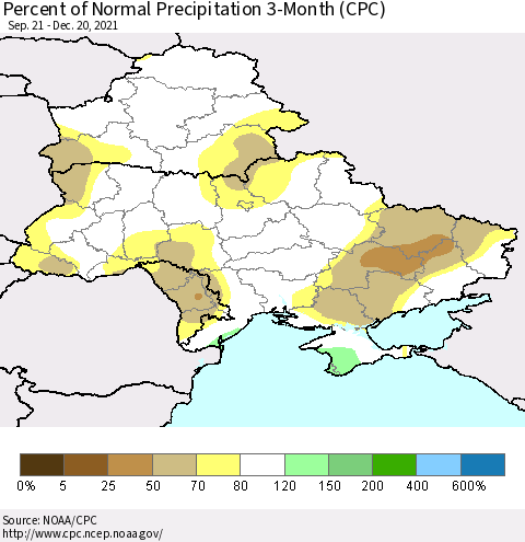 Ukraine, Moldova and Belarus Percent of Normal Precipitation 3-Month (CPC) Thematic Map For 9/21/2021 - 12/20/2021
