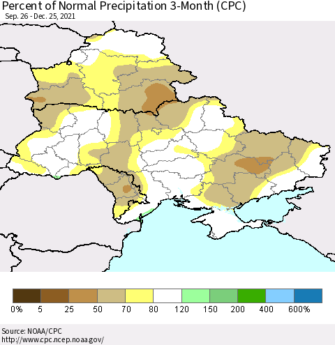 Ukraine, Moldova and Belarus Percent of Normal Precipitation 3-Month (CPC) Thematic Map For 9/26/2021 - 12/25/2021