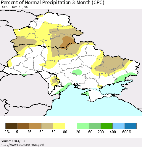 Ukraine, Moldova and Belarus Percent of Normal Precipitation 3-Month (CPC) Thematic Map For 10/1/2021 - 12/31/2021