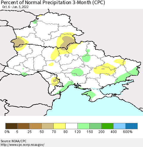 Ukraine, Moldova and Belarus Percent of Normal Precipitation 3-Month (CPC) Thematic Map For 10/6/2021 - 1/5/2022