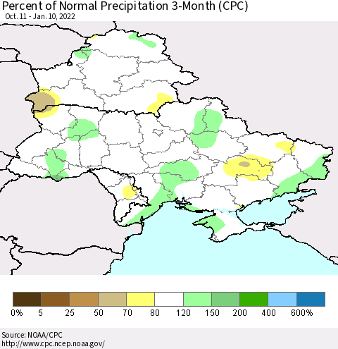 Ukraine, Moldova and Belarus Percent of Normal Precipitation 3-Month (CPC) Thematic Map For 10/11/2021 - 1/10/2022