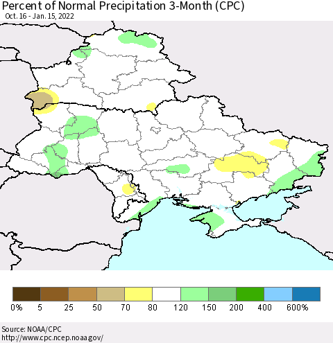 Ukraine, Moldova and Belarus Percent of Normal Precipitation 3-Month (CPC) Thematic Map For 10/16/2021 - 1/15/2022