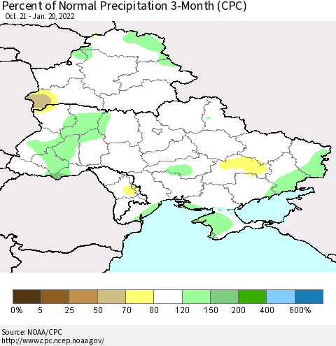 Ukraine, Moldova and Belarus Percent of Normal Precipitation 3-Month (CPC) Thematic Map For 10/21/2021 - 1/20/2022