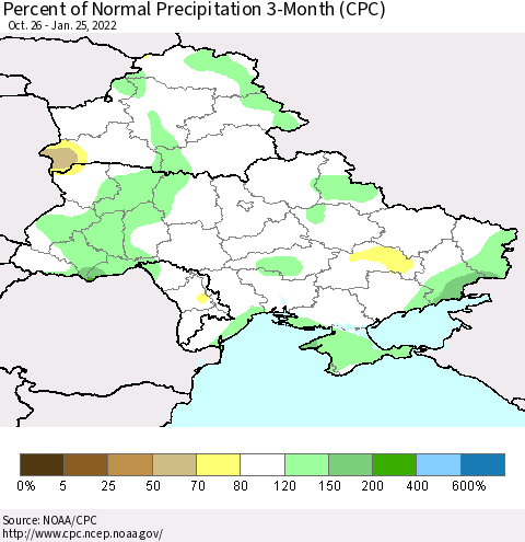 Ukraine, Moldova and Belarus Percent of Normal Precipitation 3-Month (CPC) Thematic Map For 10/26/2021 - 1/25/2022