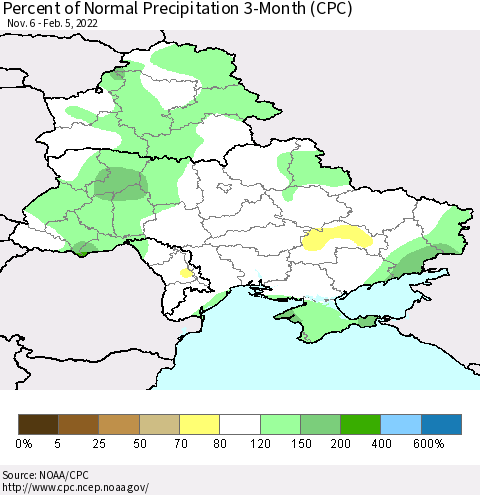 Ukraine, Moldova and Belarus Percent of Normal Precipitation 3-Month (CPC) Thematic Map For 11/6/2021 - 2/5/2022