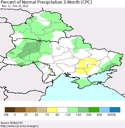 Ukraine, Moldova and Belarus Percent of Normal Precipitation 3-Month (CPC) Thematic Map For 11/11/2021 - 2/10/2022