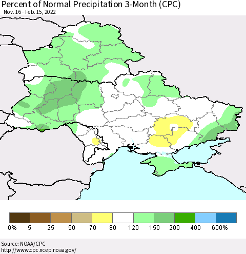Ukraine, Moldova and Belarus Percent of Normal Precipitation 3-Month (CPC) Thematic Map For 11/16/2021 - 2/15/2022