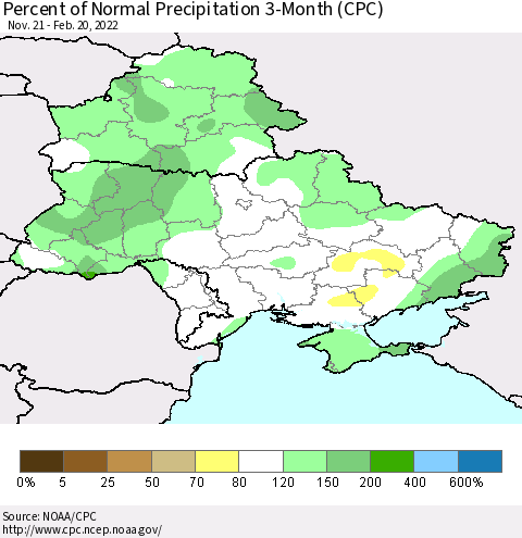 Ukraine, Moldova and Belarus Percent of Normal Precipitation 3-Month (CPC) Thematic Map For 11/21/2021 - 2/20/2022
