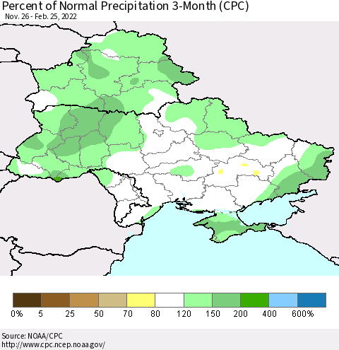 Ukraine, Moldova and Belarus Percent of Normal Precipitation 3-Month (CPC) Thematic Map For 11/26/2021 - 2/25/2022