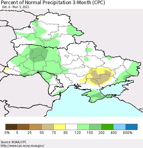 Ukraine, Moldova and Belarus Percent of Normal Precipitation 3-Month (CPC) Thematic Map For 12/6/2021 - 3/5/2022