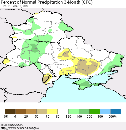 Ukraine, Moldova and Belarus Percent of Normal Precipitation 3-Month (CPC) Thematic Map For 12/11/2021 - 3/10/2022