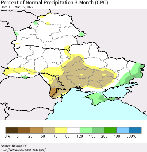 Ukraine, Moldova and Belarus Percent of Normal Precipitation 3-Month (CPC) Thematic Map For 12/16/2021 - 3/15/2022