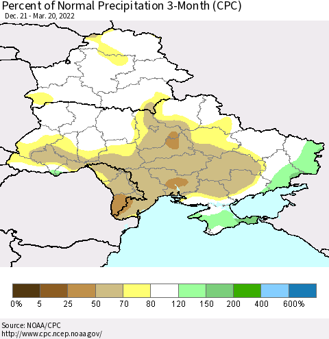 Ukraine, Moldova and Belarus Percent of Normal Precipitation 3-Month (CPC) Thematic Map For 12/21/2021 - 3/20/2022