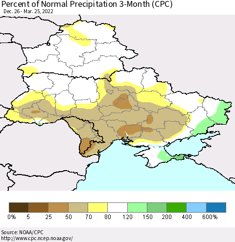 Ukraine, Moldova and Belarus Percent of Normal Precipitation 3-Month (CPC) Thematic Map For 12/26/2021 - 3/25/2022