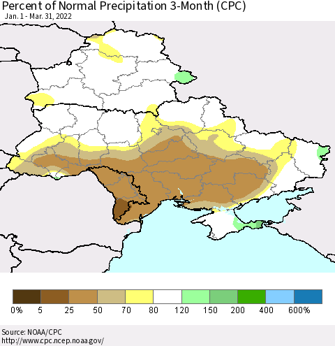 Ukraine, Moldova and Belarus Percent of Normal Precipitation 3-Month (CPC) Thematic Map For 1/1/2022 - 3/31/2022