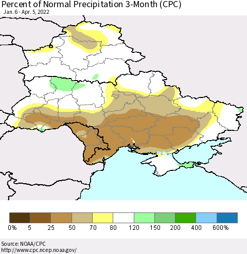 Ukraine, Moldova and Belarus Percent of Normal Precipitation 3-Month (CPC) Thematic Map For 1/6/2022 - 4/5/2022