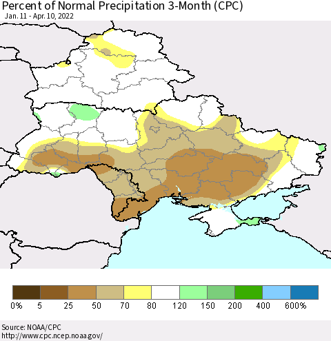 Ukraine, Moldova and Belarus Percent of Normal Precipitation 3-Month (CPC) Thematic Map For 1/11/2022 - 4/10/2022