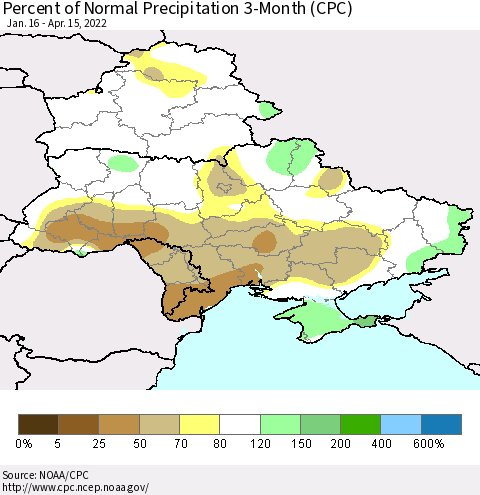 Ukraine, Moldova and Belarus Percent of Normal Precipitation 3-Month (CPC) Thematic Map For 1/16/2022 - 4/15/2022