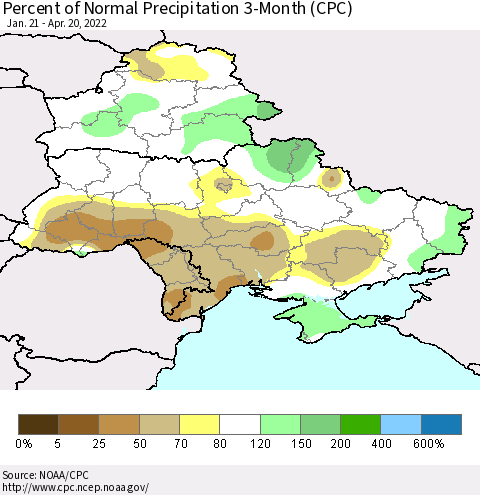 Ukraine, Moldova and Belarus Percent of Normal Precipitation 3-Month (CPC) Thematic Map For 1/21/2022 - 4/20/2022