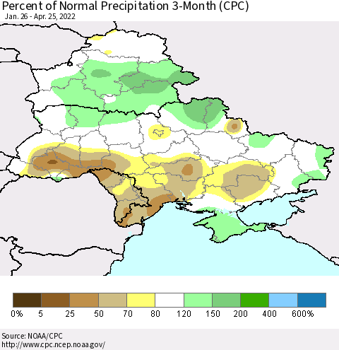 Ukraine, Moldova and Belarus Percent of Normal Precipitation 3-Month (CPC) Thematic Map For 1/26/2022 - 4/25/2022