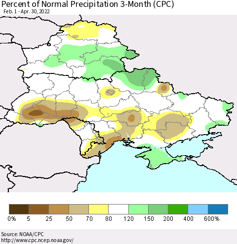 Ukraine, Moldova and Belarus Percent of Normal Precipitation 3-Month (CPC) Thematic Map For 2/1/2022 - 4/30/2022