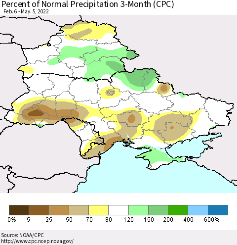 Ukraine, Moldova and Belarus Percent of Normal Precipitation 3-Month (CPC) Thematic Map For 2/6/2022 - 5/5/2022
