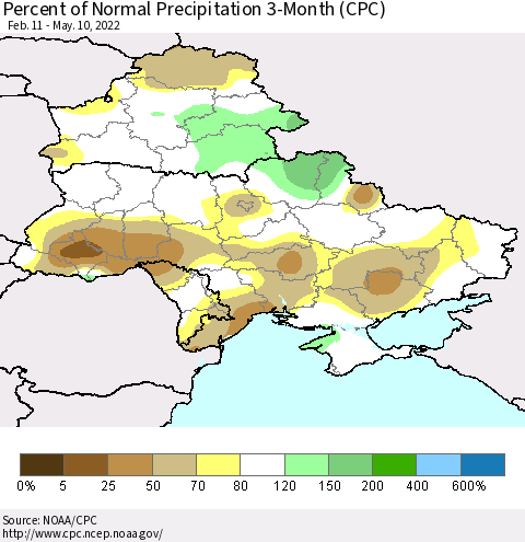Ukraine, Moldova and Belarus Percent of Normal Precipitation 3-Month (CPC) Thematic Map For 2/11/2022 - 5/10/2022
