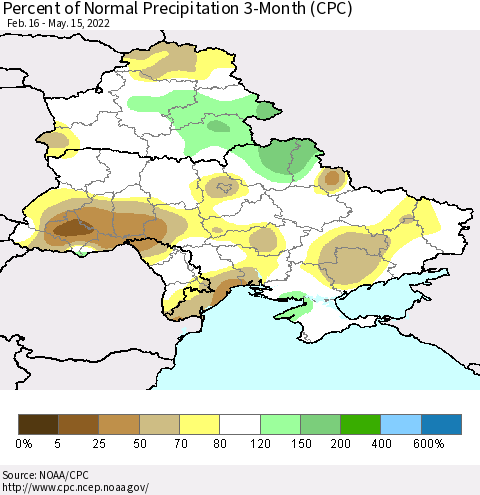 Ukraine, Moldova and Belarus Percent of Normal Precipitation 3-Month (CPC) Thematic Map For 2/16/2022 - 5/15/2022