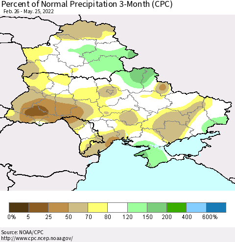 Ukraine, Moldova and Belarus Percent of Normal Precipitation 3-Month (CPC) Thematic Map For 2/26/2022 - 5/25/2022