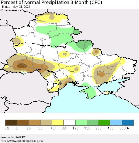 Ukraine, Moldova and Belarus Percent of Normal Precipitation 3-Month (CPC) Thematic Map For 3/1/2022 - 5/31/2022