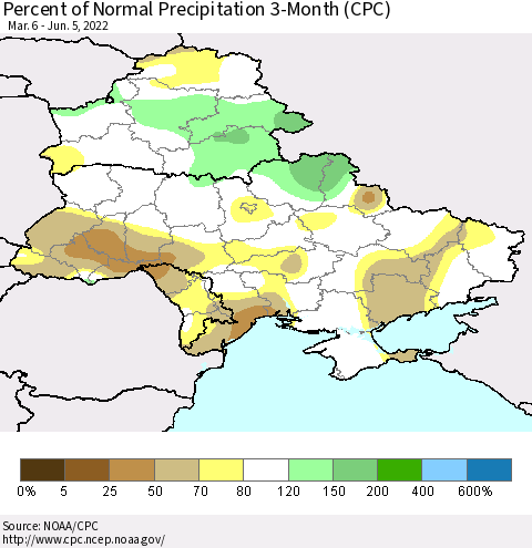 Ukraine, Moldova and Belarus Percent of Normal Precipitation 3-Month (CPC) Thematic Map For 3/6/2022 - 6/5/2022