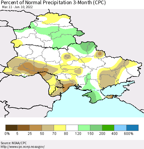 Ukraine, Moldova and Belarus Percent of Normal Precipitation 3-Month (CPC) Thematic Map For 3/11/2022 - 6/10/2022