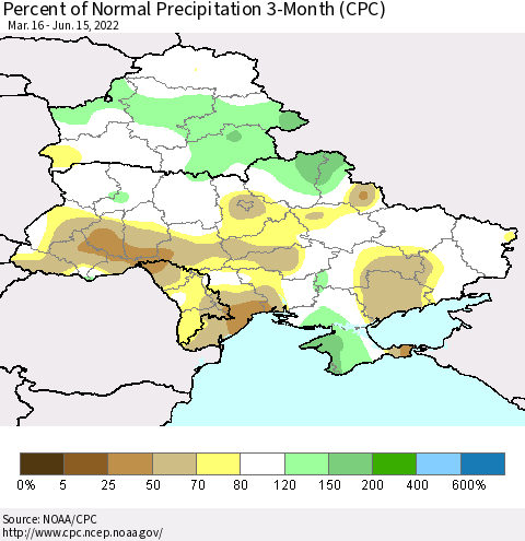 Ukraine, Moldova and Belarus Percent of Normal Precipitation 3-Month (CPC) Thematic Map For 3/16/2022 - 6/15/2022