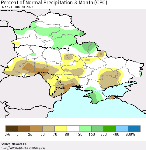 Ukraine, Moldova and Belarus Percent of Normal Precipitation 3-Month (CPC) Thematic Map For 3/21/2022 - 6/20/2022