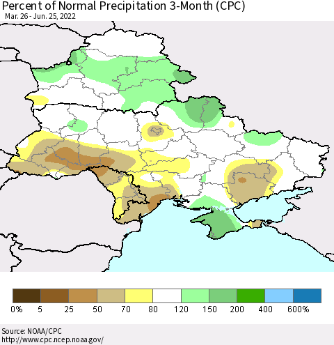 Ukraine, Moldova and Belarus Percent of Normal Precipitation 3-Month (CPC) Thematic Map For 3/26/2022 - 6/25/2022