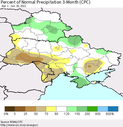Ukraine, Moldova and Belarus Percent of Normal Precipitation 3-Month (CPC) Thematic Map For 4/1/2022 - 6/30/2022