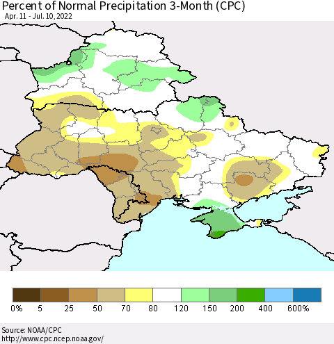 Ukraine, Moldova and Belarus Percent of Normal Precipitation 3-Month (CPC) Thematic Map For 4/11/2022 - 7/10/2022